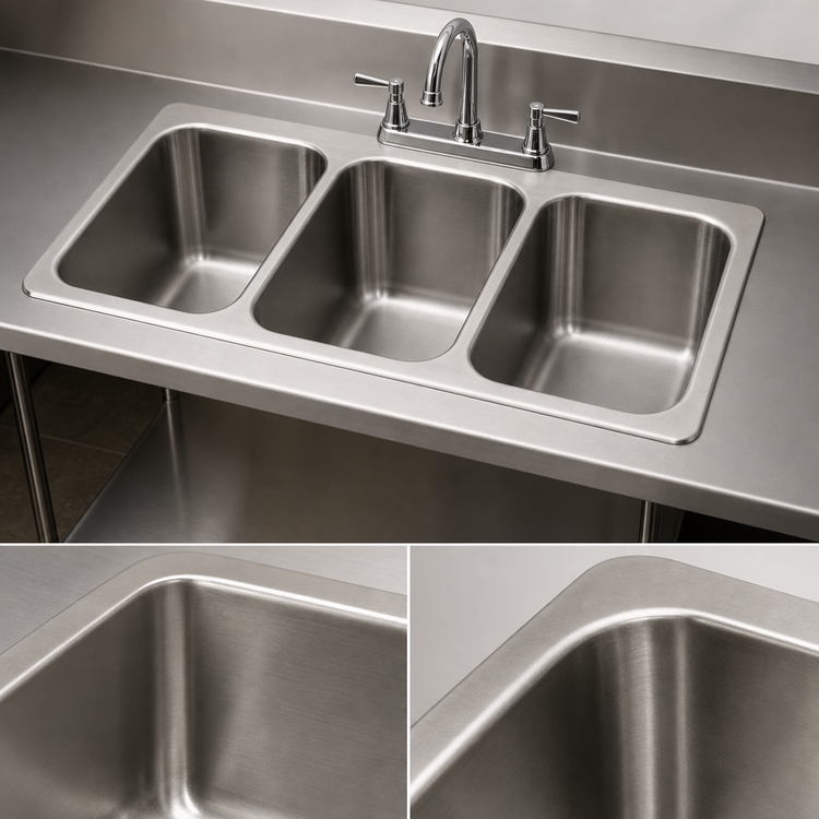 Product image #3 for BK Resources 3-Compartment Deep Drawn Drop-In Sink with Lead-Free Faucet, 35-3/4" x 18-1/2" x 10"