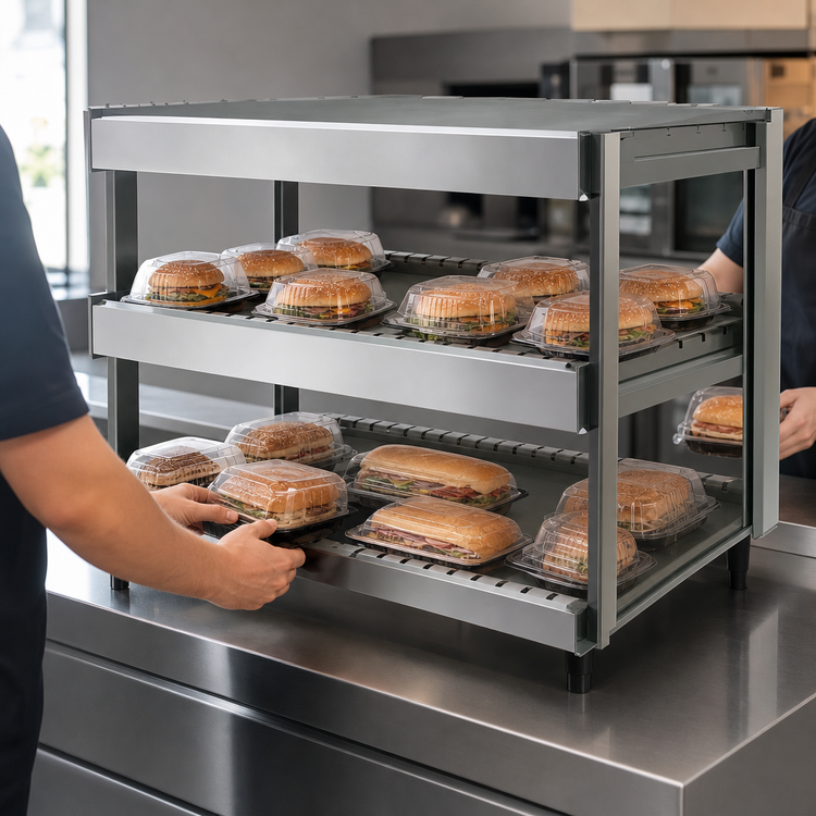Product image #3 for Hatco Glo-Ray GRSDH-24D 24-Inch Countertop Dual-Shelf Pass-Thru Merchandising Warmer
