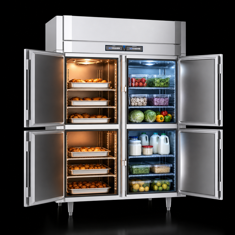 Product image #4 for Victory UltraSpec Extra Wide Dual-Temp Reach-In Warming Cabinet/Refrigerator, 2-Section, 4 Half-Height Doors, Stainless Steel