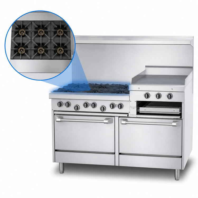 Product image #3 for Garland US Range U Series 60-Inch Commercial Gas Range with 6 Open Burners, 24-Inch Raised Griddle/Broiler, and 2 Standard Ovens