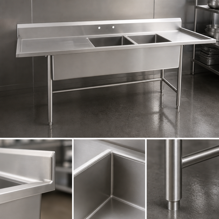 Product image #3 for Eagle Group S14 Series Two-Compartment Stainless Steel Sink with Left Drainboard, 67-1/2"W x 27"D