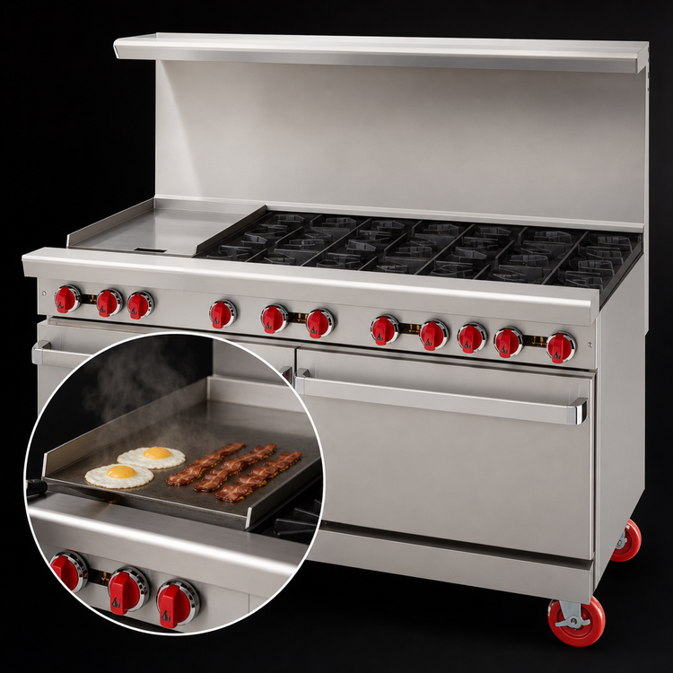 Product image #3 for American Range 60-Inch Gas Restaurant Range with 12-Inch Left Griddle, 8 Open Burners, and Storage Bases