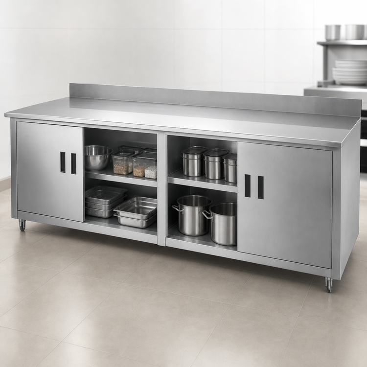 Product image #3 for Advance Tabco Special Value Economy Enclosed Work Table with Cabinet Base, 96 x 24 Inches, 304 Stainless Steel Top, 5 Inch Backsplash