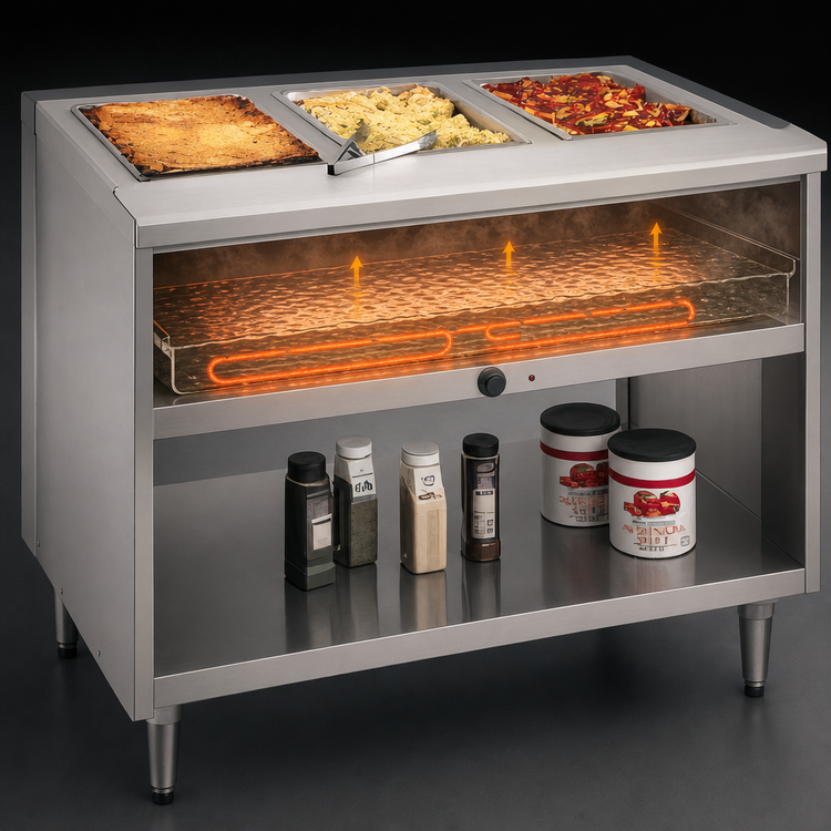Product image #3 for Randell 3314 Electric Common Waterbath Hot Food Table, 63 x 30 Inch, 4-Well Open Shelf Base