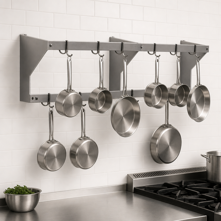Product image #3 for Eagle Group 60-Inch Wall-Mounted Stainless Steel Double-Bar Pot Rack with 10 Hooks