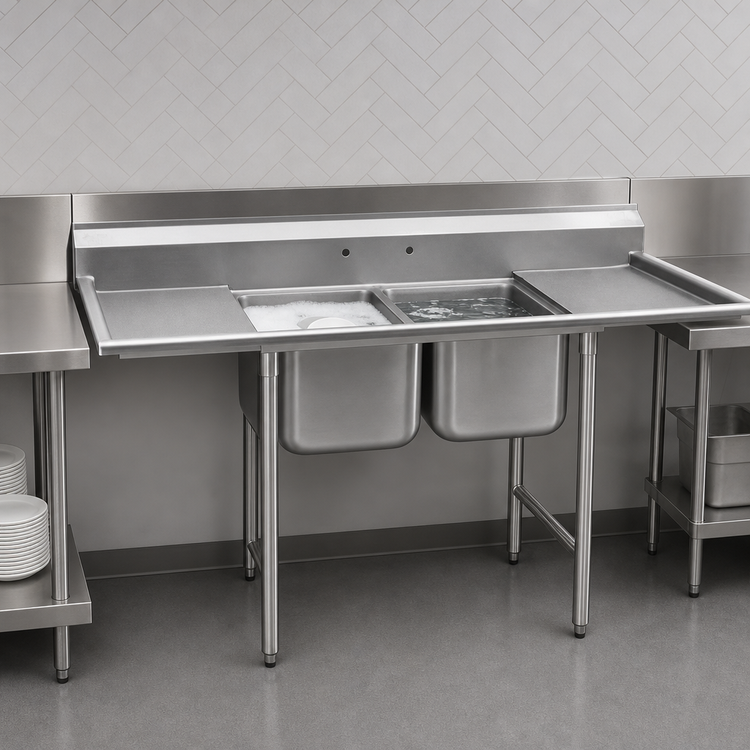 Product image #3 for Eagle Group 314 Series Two-Compartment Commercial Stainless Steel Sink with Left and Right Drainboards, 72-1/4-Inch Wide