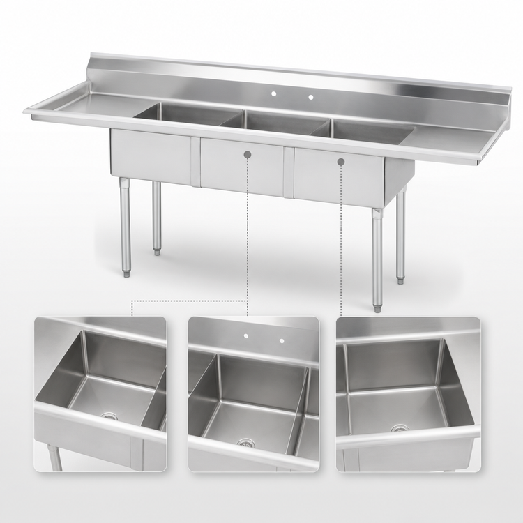 Product image #3 for Advance Tabco Special Value Series 3-Compartment Fabricated Sink with Left and Right Drainboards, 18" x 24" x 14" Bowls