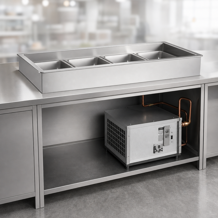 Product image #3 for Atlas Metal RMX-3 Remote Refrigerated 3-Pan Full-Size Cold Well Drop-In Unit, 3-Inch Recessed Top