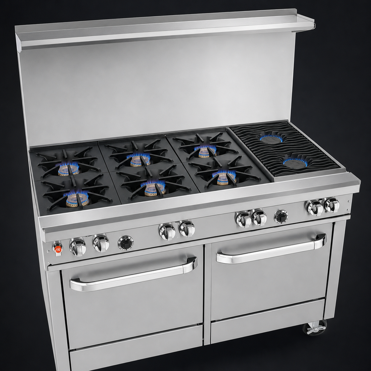 Product image #3 for Ultimate 48-Inch Gas Restaurant Range with 4 Pyromax Burners, 2 Non-Clog Burners, Convection Oven, and Cabinet Base