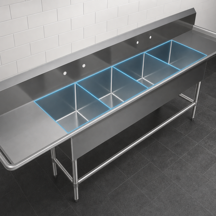 Product image #3 for John Boos Pro-Bowl 4-Compartment Stainless Steel Sink with Left and Right Drainboards, 14-Inch Deep Bowls