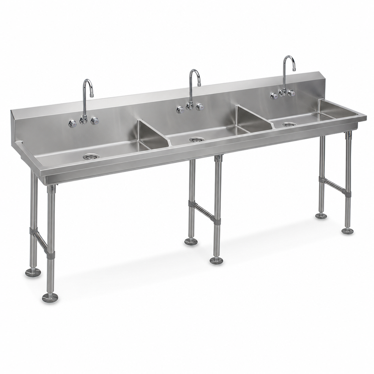 Product image #3 for John Boos 3-Station Freestanding Hand Wash Sink, 60 x 19-5/8 Inches, 4-Inch O.C. Faucet Holes