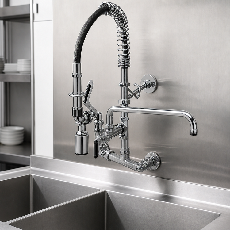 Product image #3 for T&S Brass Mini Pre-Rinse Unit with 8-Inch Wall Mount Mixing Faucet, 12-Inch Swing Nozzle, and 0.65 GPM Spray Valve