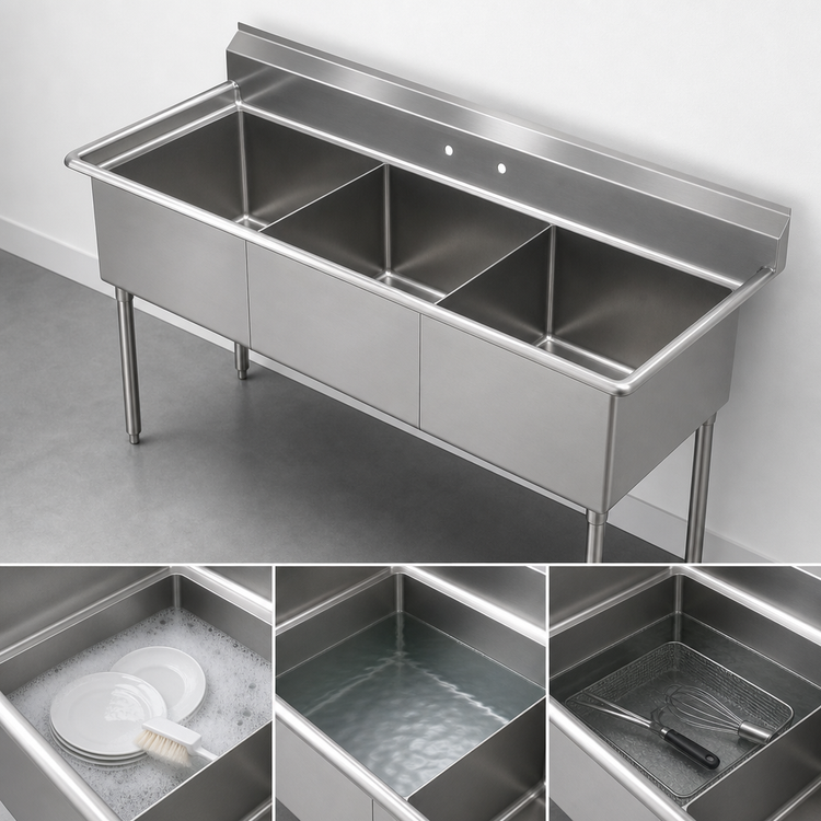 Product image #3 for Sapphire Manufacturing 3-Compartment Stainless Steel Commercial Sink with Backsplash, 59 x 26-1/2 Inches