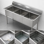 Thumbnail image #3 for Sapphire SMS1821-3 3-Compartment 18-Gauge 304 Stainless Steel Sink with Backsplash, 59 x 26-1/2 Inches