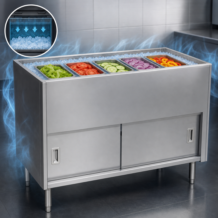 Product image #3 for Eagle Spec-Master 79-Inch Stationary Ice-Cooled 5-Pan Cold Food Table with Enclosed Base and Sliding Doors
