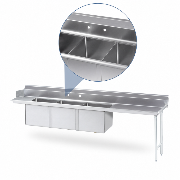 Product image #3 for Advance Tabco DTC-3-2020-96R 95-Inch 3-Compartment Stainless Steel Sink Dishtable with 23-Inch Right Drainboard