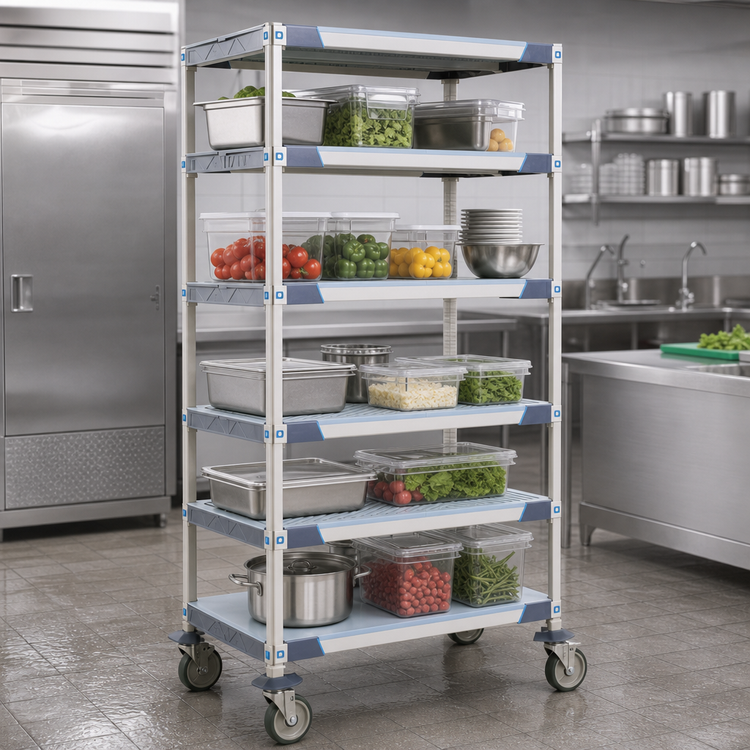 Product image #3 for MetroMax i 5-Shelf Mobile Polymer Shelving Unit, 36"W x 24"D x 80"H, Open Grid Shelves with Solid Bottom Shelf, Stem Casters