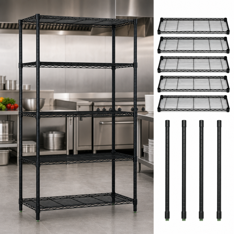 Product image #3 for Quantum 60W x 21D x 74H Wire Shelving Starter Kit with 5 Shelves, Black Epoxy Antimicrobial Finish