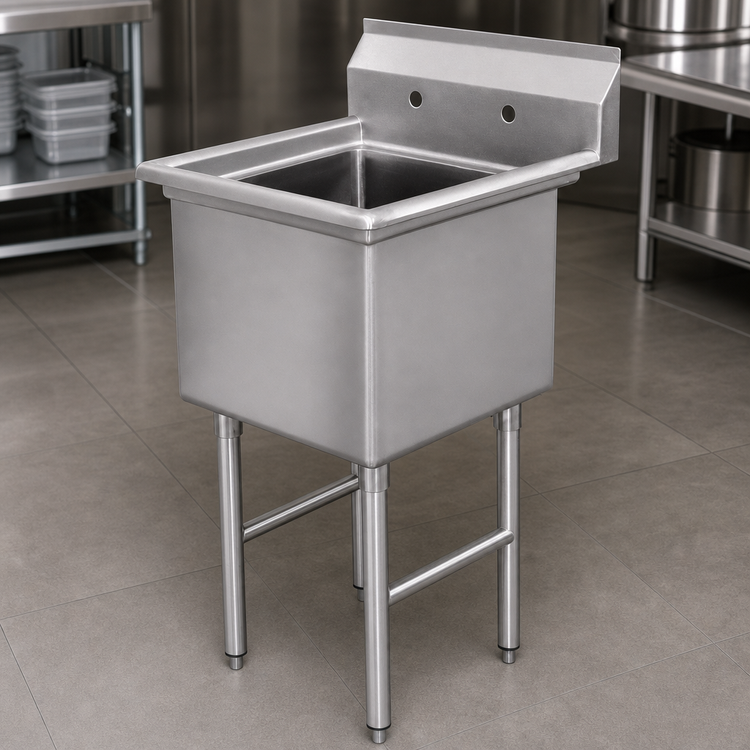 Product image #3 for Advance Tabco 1-Compartment Fabricated Stainless Steel Sink with 18 x 18 x 14 Inch Bowl, Tile Edge Splash, Legs, and No Drainboards