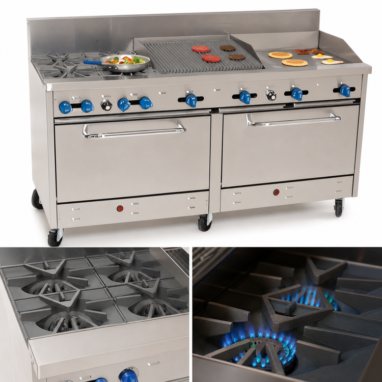 Product image #3 for Comstock-Castle 72-Inch Commercial Gas Range with 4 Open Star Burners, 24-Inch Griddle, 24-Inch Char-Broiler, and 2 Ovens