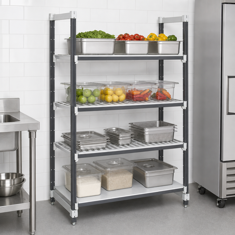 Product image #3 for Cambro Camshelving Elements XTRA 4-Shelf Stationary Starter Unit, 21" x 48" x 84", 3 Vented + 1 Solid, Speckled Gray
