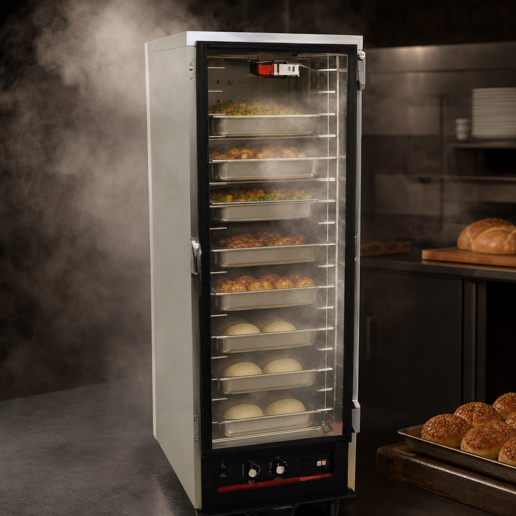 Product image #3 for hotLOGIX HL2-8 Half-Height Humidified Heated Holding Cabinet / Heater-Proofer, Non-Insulated Aluminum, Glass Door, 16-Pan Capacity