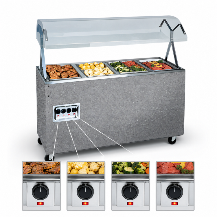 Product image #3 for Vollrath 2-Series Affordable Portable™ 4-Well Mobile Hot Food Station with Open Storage Base and Buffet Breath Guard with Lights