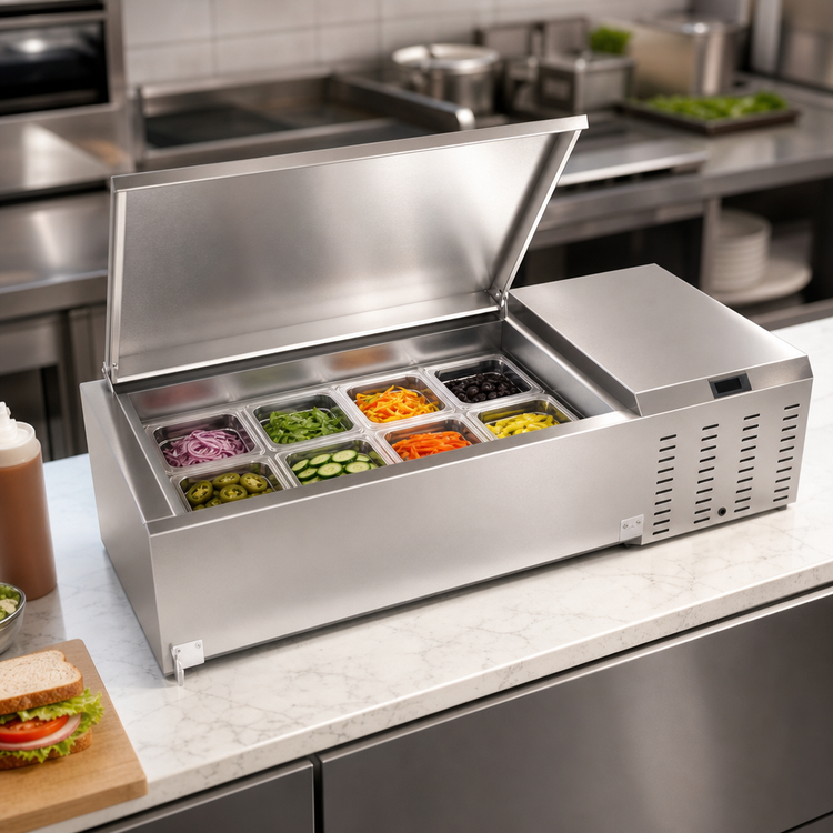 Product image #3 for Serv-Ware 60-Inch Refrigerated Topping Rail with 12 GN 1/6 Pan Capacity, 304 Stainless Steel, 115V