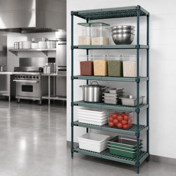 Product image #3 for Quantum 5-Tier Stationary Wire Shelving Unit with Plastic Mats and Green Epoxy Coating