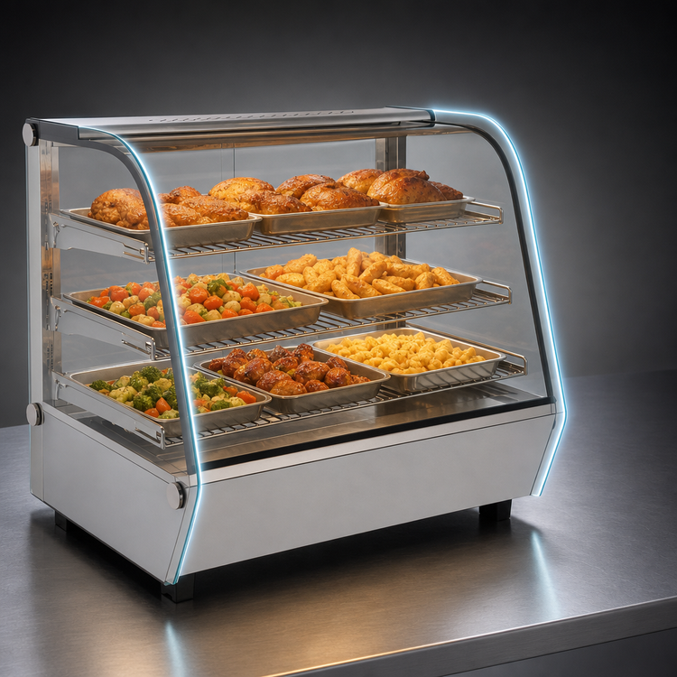 Product image #3 for Omcan Full-Service Countertop Hot Food Heated Display Case with Curved Glass, 5.65 Cu. Ft., 3 Shelves
