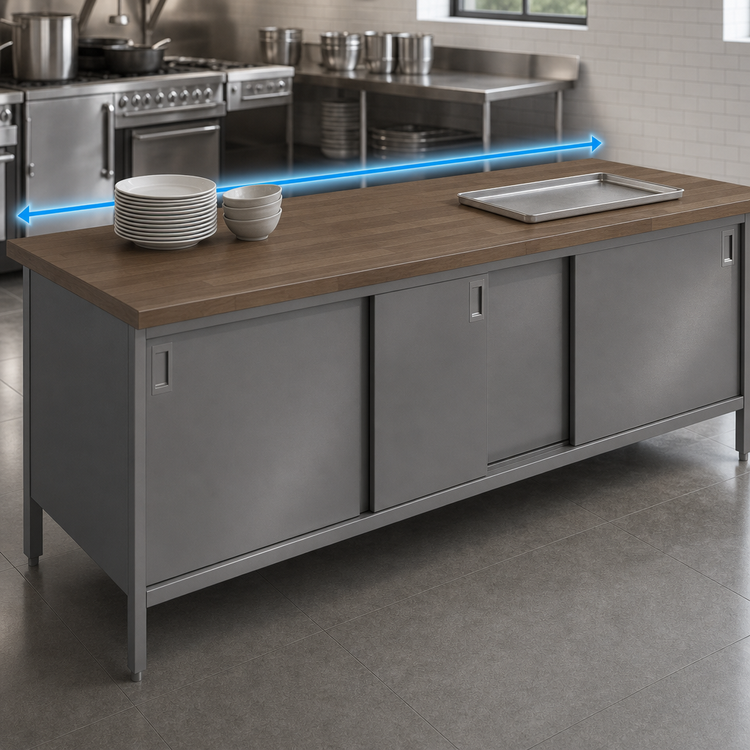 Product image #3 for John Boos EBSW7-30132 Enclosed Base Wood Top Work Table with Sliding Doors, 132 x 30 Inch