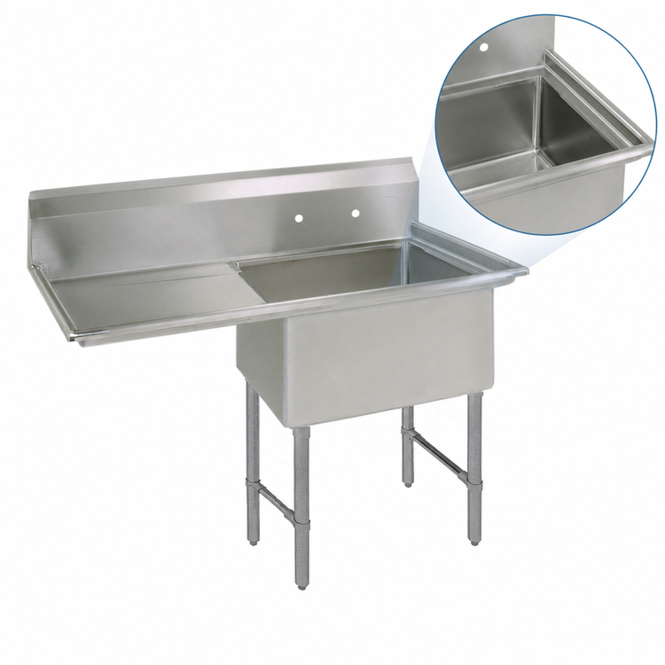 Product image #3 for BK Resources 1-Compartment Stainless Steel Sink with Left Drainboard and 9-Inch Backsplash