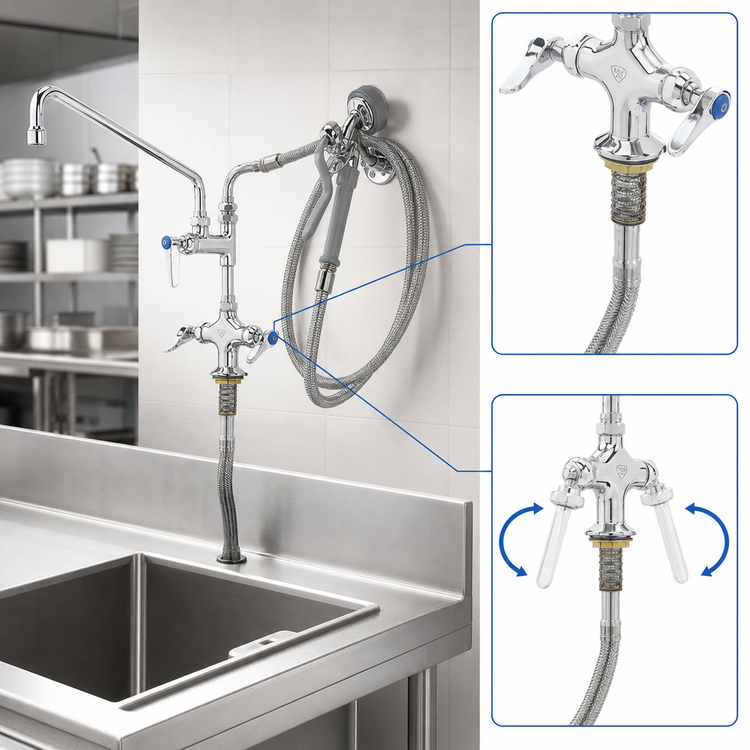 Product image #2 for Cleveland Range Pre-Rinse Faucet with Double Faucet, 12-Inch Swing Spray Valve, and 104-Inch Hose