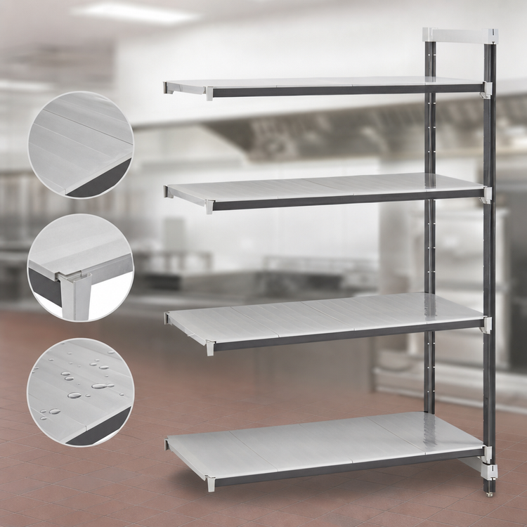 Product image #3 for Cambro Camshelving Elements XTRA 4-Shelf Solid Stationary Add-On Polymer Shelving Unit, 21 x 42 x 72 Inches, Speckled Gray