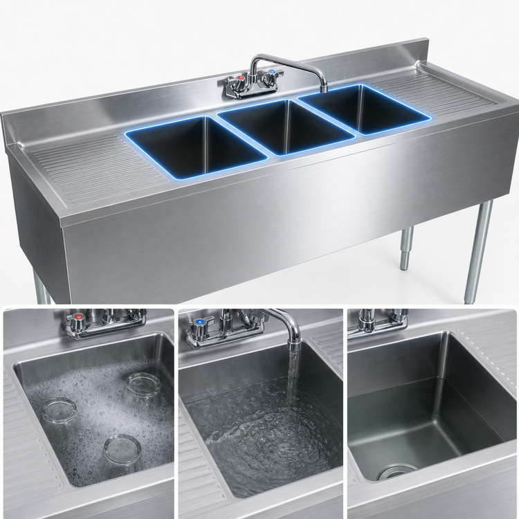 Product image #3 for BK Resources 60-Inch Three-Compartment Underbar Sink with Dual Drainboards, Backsplash, and Faucet