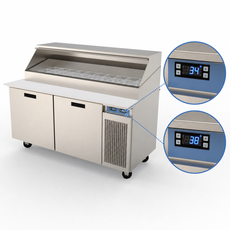 Product image #3 for Randell 68-Inch 2-Section Refrigerated Raised Rail Prep Table with Right-Side Compressor, 30 x 1/6 Pan Capacity