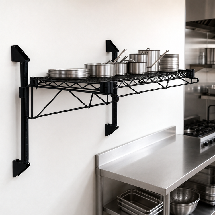 Product image #3 for Quantum Wall-Mount Cantilever Single Shelf Wire Shelving Unit with Posts, 36 x 18 Inch, Black Epoxy Finish