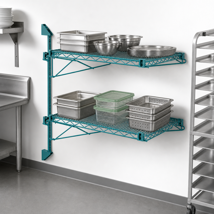 Product image #3 for Quantum Wall-Mount Cantilever Double Shelf Wire Shelving Unit, 72 x 18 Inches, Green Epoxy