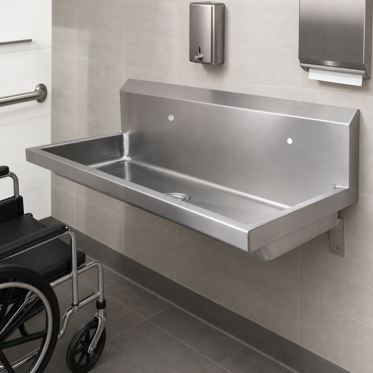 Product image #3 for BK Resources ADA Three-Station Wall-Mounted Hand Wash Sink with Basket Drain, 72 Inch Wide, 14/304 Stainless Steel
