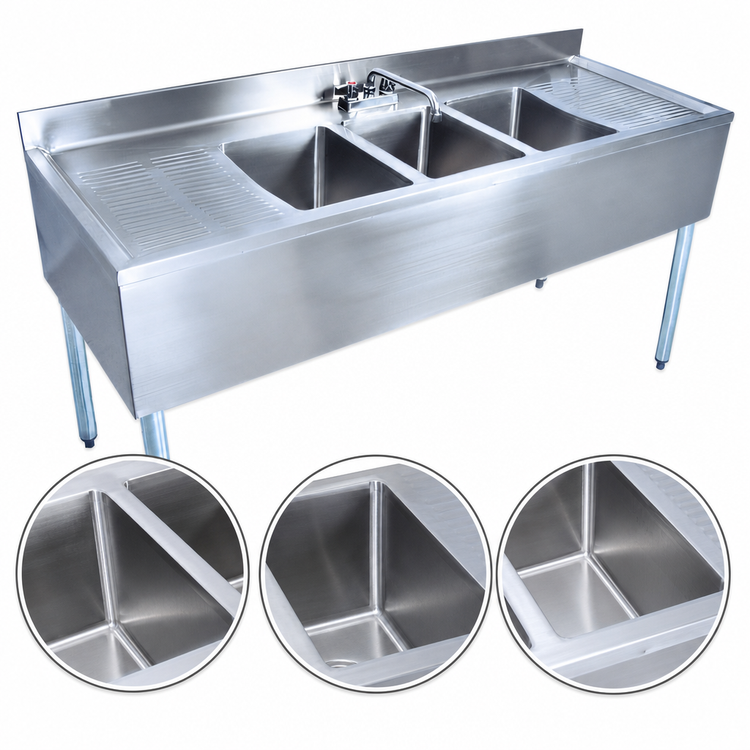Product image #3 for BK Resources Slim-Line Three-Compartment Stainless Steel Underbar Sink with Dual Drainboards