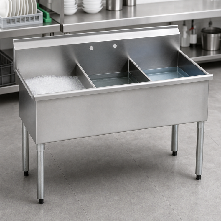Product image #3 for Eagle Group Three-Compartment Utility Sink, 49-3/8 Inch x 25 Inch, 16 Gauge 430 Stainless Steel, No Drainboards