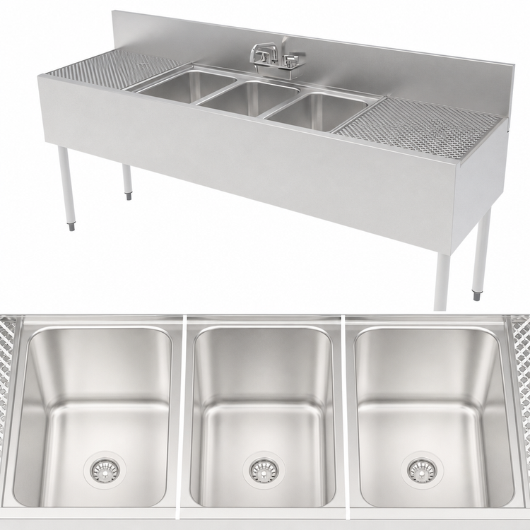 Product image #4 for Top Shelf TS Series Triple-Compartment Stainless Steel Underbar Sink Unit with Left and Right Drainboards, 72 Inch