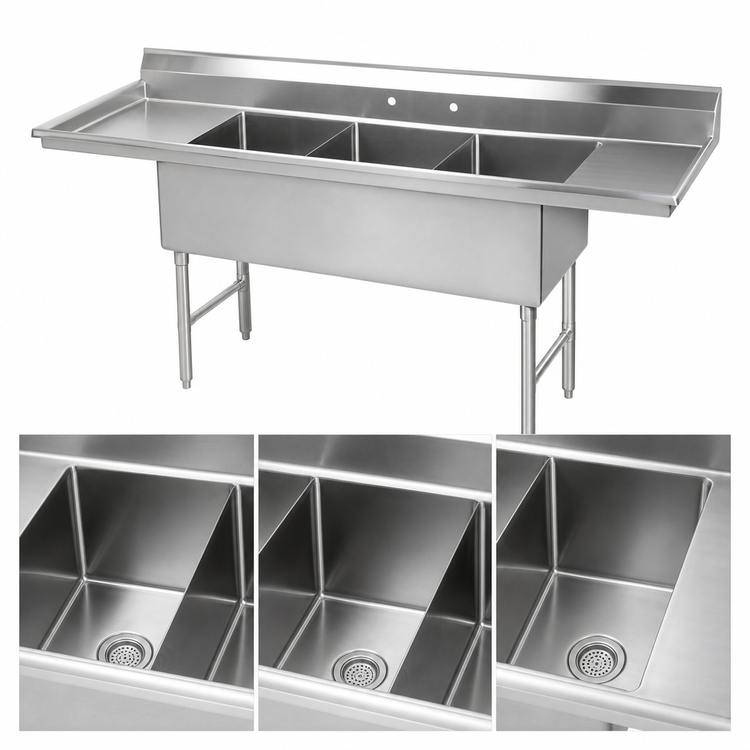 Product image #3 for Advance Tabco 3-Compartment Fabricated Stainless Steel Sink with Left and Right Drainboards, 16 x 20 x 14-Inch Bowls