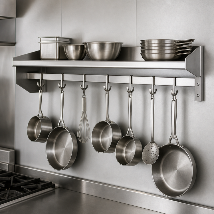 Product image #3 for 72-Inch Wall-Mounted Stainless Steel Pot Rack Wall Shelf with 6 Hooks