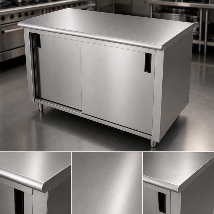 Product image #3 for Advance Tabco Enclosed Work Table with Cabinet Base, Mid-Shelf, Sliding Doors, and 14-Gauge 304 Stainless Steel Top, 108 x 30 Inches