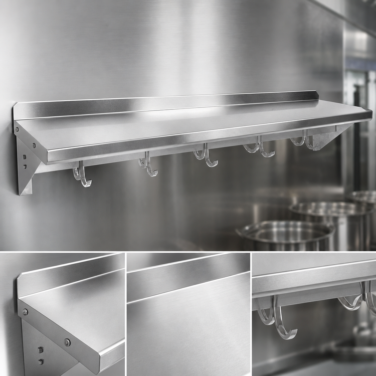Product image #3 for John Boos Stallion 120-Inch Wall-Mounted 16-Gauge Stainless Steel Pot Rack Shelf with 10 Hooks