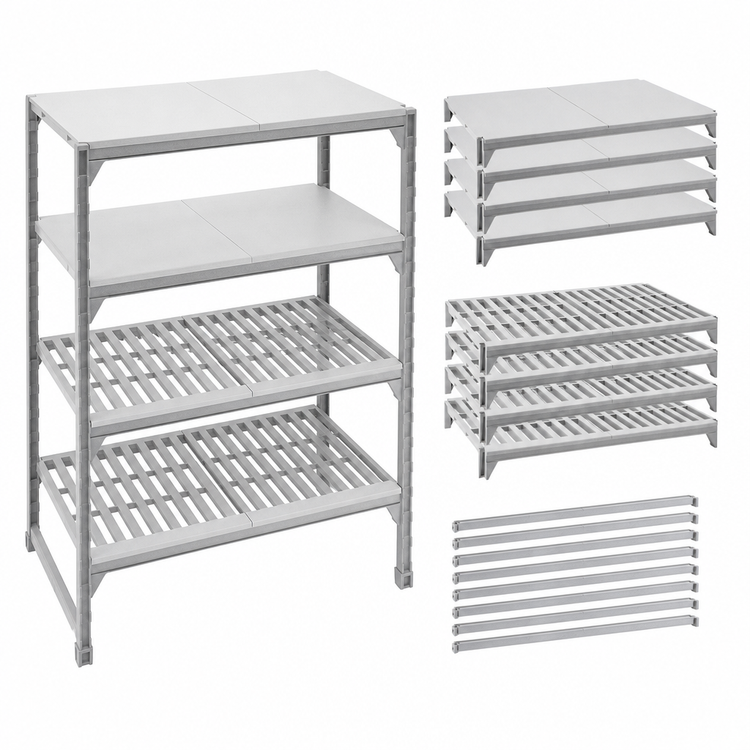 Product image #4 for Cambro Camshelving Premium 24" x 60" Stationary Polymer Shelf Kit, 5 Shelves, Vented and Solid, Speckled Gray