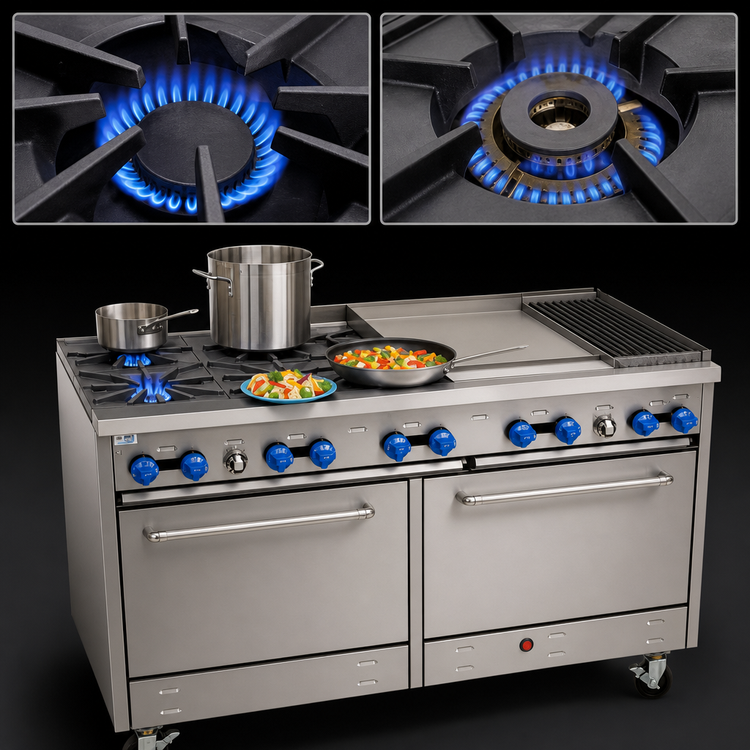 Product image #3 for Comstock-Castle 60-Inch Commercial Gas Range with 2 Star Burners, 24-Inch Griddle, 24-Inch Char-Broiler, and 2 Standard Ovens