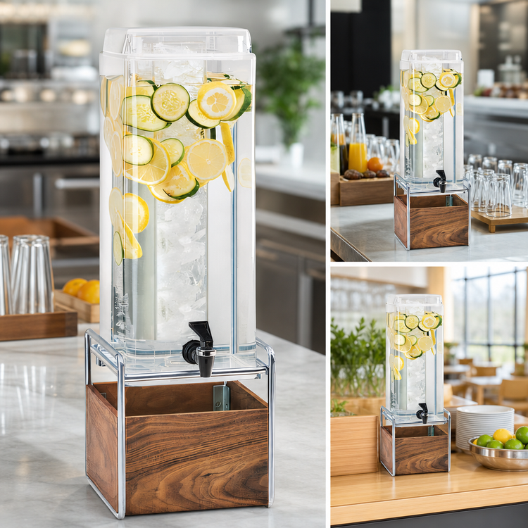 Product image #3 for Cal-Mil Mid-Century 3-Gallon Single Beverage Dispenser with Ice Chamber, Lid, Spigot, Walnut Base, and Chrome Frame