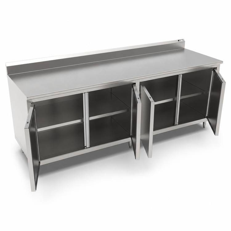 Product image #3 for John Boos Enclosed Cabinet Base Work Table with Hinged Doors, 108"W x 24"D, 14-Gauge 300-Series Stainless Steel Top, 5" Backsplash
